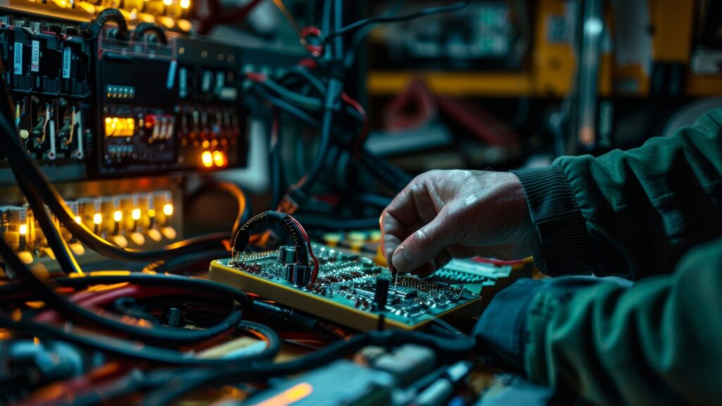 A technician working on circuit boards with cables and lights in the background