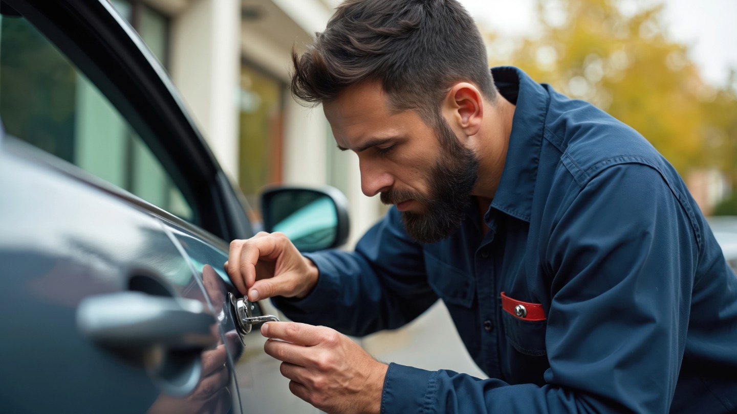 Man in a uniform unlocking a car door with a tool
